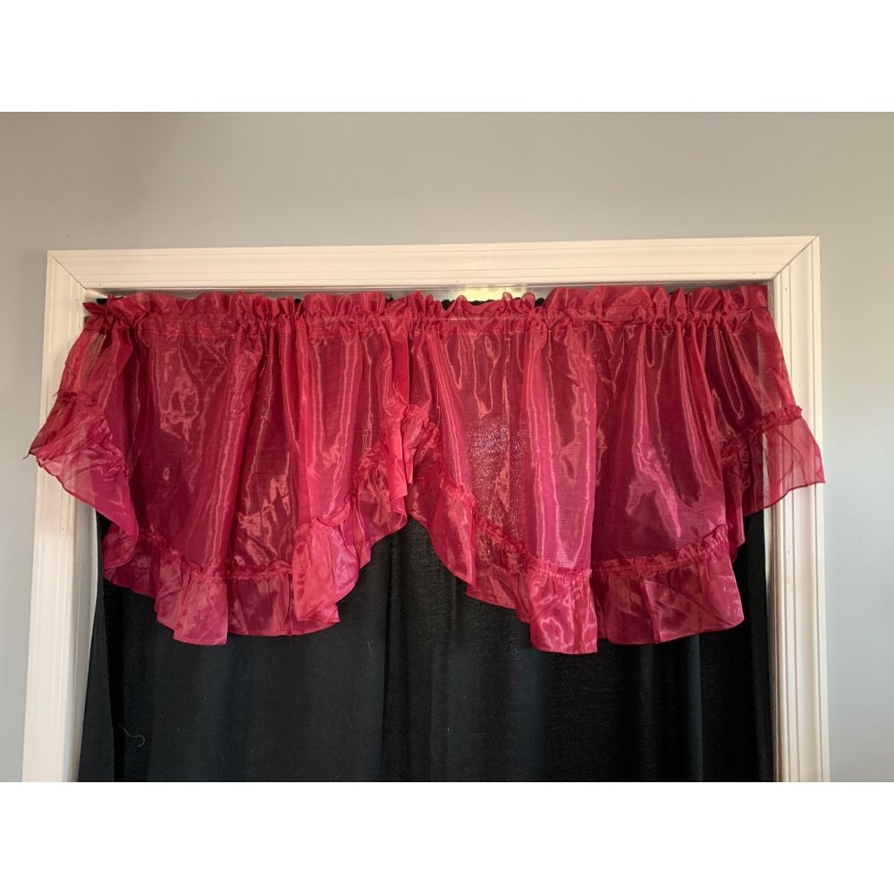 Vintage Red Sheer Ruffled Valance Curtain 44" wide x 22" long